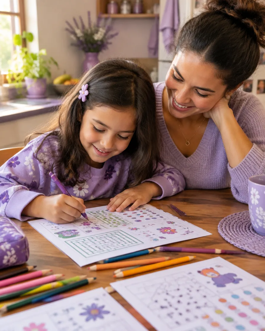 Mãe e filha fazendo juntas uma atividade impressa na mesa da cozinha